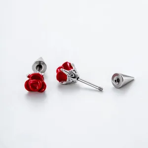 Red rose stud earrings with silver spike screw back in titanium steel for women