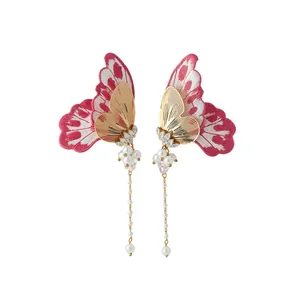 Elegant embroidered pink butterfly drop earrings with shimmering zircon and pearl tassels