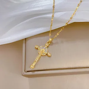 Luxurious gold sword pendant necklace with sparkling crystals on a fine link chain