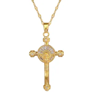 Elegant gold titanium steel cross necklace with radiant crystals on a clean white background