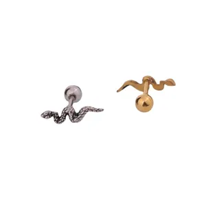 Pair of snake-shaped stainless steel ear cartilage studs in gold and silver finish