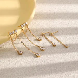 French style 18K gold plated stainless steel tassel chain earrings with cubic zirconia