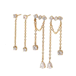 18K gold plated stainless steel tassel chain earrings with shimmering cubic zircon