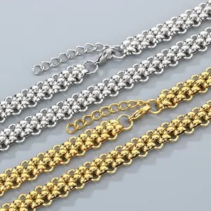 Premium stainless steel three-row woven chain jewelry set in silver and gold finishes