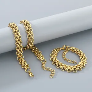 Detailed view of the gold stainless steel three-row woven chain necklace and bracelet