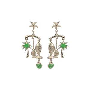 Ocean theme drop earrings with starfish, coconut tree and fish motifs in silver finish