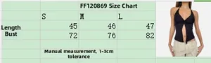 Detailed size chart for bow-tie halter crop top with length and bust measurements