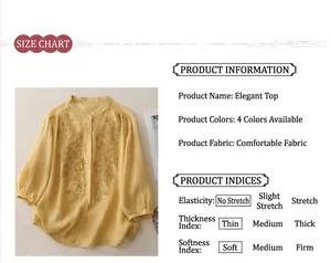 Detailed view of floral embroidery on yellow cotton linen shirt with fabric texture