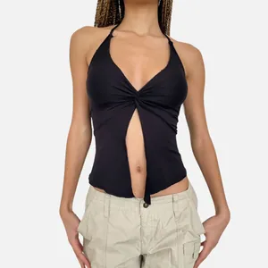 Women's Sexy Halter Tank Top Twist Front Hollow Out Tie Up Back Irregular Hem Solid Color Casual Summer Sleeveless Crop Top