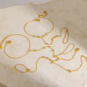 Bracelet bague main en acier inoxydable plaqué or 18K avec pierres en zircon
