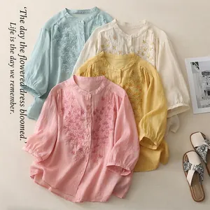 Women's Ethnic Embroidery Cotton Linen Blouse Vintage Floral Single Breasted Top 3/4 Sleeve Loose Casual Shirt Summer