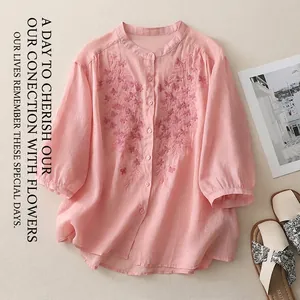 Pink cotton linen embroidered blouse with mandarin collar and floral patterns for women