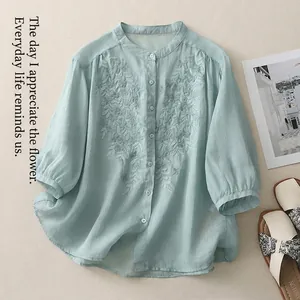 Summer cotton linen embroidered shirt for women with mandarin collar in light green