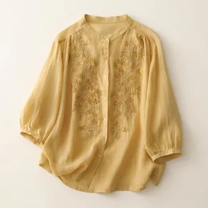 Linen cotton summer shirt for women with floral embroidery and stand collar in yellow
