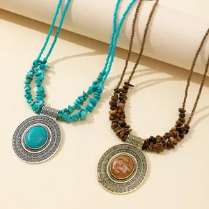 Vintage Bohemian Turquoise Gravel Pendant Necklace Zinc Alloy Round Engraved Hollow Ethnic Statement Jewelry For Women