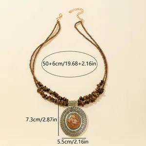 Bohemian layered turquoise bead necklace with antique bronze hollow pendant and size details