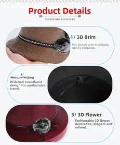 Détails du chapeau d'hiver en feutre avec décor floral et bandeau anti-transpiration