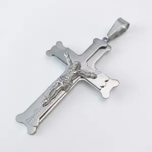 Detailed view of stainless steel crucifix pendant with 66mm height and 43mm width dimensions