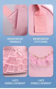 Details von verstärkten Nähten, Dreiecksverbindungen und rosa Spitze am Kinderrucksack