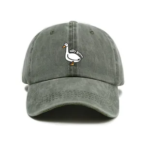 Unisex washed dark grey baseball cap with silly goose embroidery and a retro design