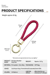 Tabella taglie dettagliata del portachiavi in pelle PU intrecciata rosa e oro