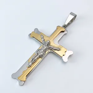 Detailed view of 65mm triple-layered gold and silver cross pendant with dimensions
