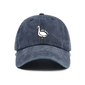 Vintage washed navy baseball cap featuring a white silly goose embroidery for unisex wear