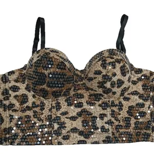 Top a corsetto sexy con stampa leopardata, paillettes, stecche e spalline sottili
