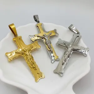 Men Stainless Steel Cross Crucifix Pendant Necklace Religious Two-tone Gold Silver Plated Byzantine Chain Fashion Jewelry Gift