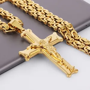 Gold stainless steel Byzantine chain necklace with a detailed crucifix cross pendant