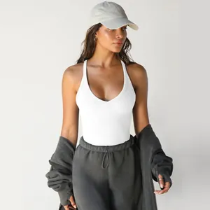 Close-up of white ribbed knit tank top with V-neckline and slim fit on a model