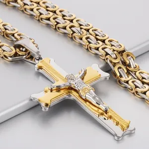 Two-tone stainless steel cross pendant necklace for men with chunky Byzantine chain link
