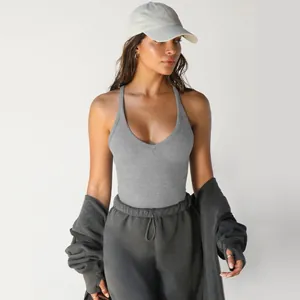 Close-up of gray ribbed knit V-neck tank top featuring high-quality elastic fabric detail