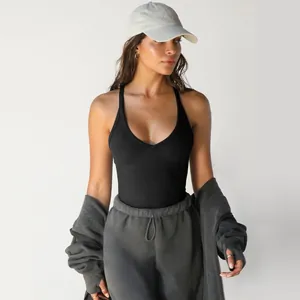 Slim fit black ribbed V-neck bodysuit tank top for women in American athleisure style