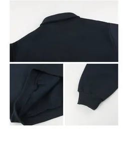 Detail view of navy blue polo sweatshirt showing ribbed cuffs and fleece lining texture