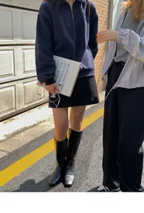 Navy blue half-zip polo sweatshirt styled with black mini skirt and glossy knee-high boots