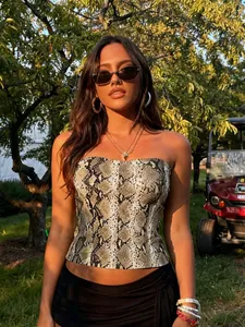 Damen Sexy Schlangenmuster PU Leder Schlauch Top Trägerlos Slim Fit Kurz Corset Top Sommer Streetwear Party Clubwear