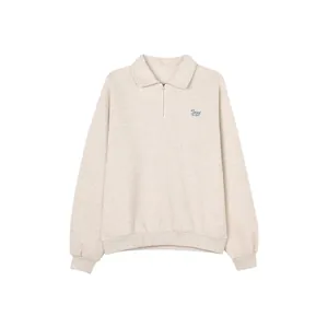Oatmeal half-zip polo sweatshirt with blue Jazz embroidery and loose casual fit