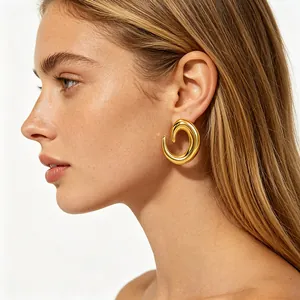 Chunky Hoop Earrings 18K Gold Plated Stainless Steel Irregular Spiral C Shaped Geometric Modern Trendy For Women