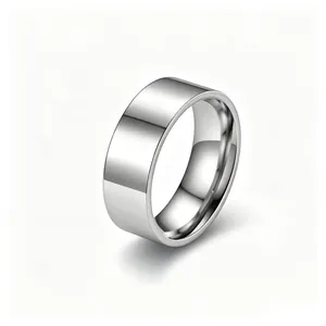 Detailed macro view of minimalist silver titanium steel ring band with mirror polish
