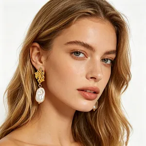 Artificial Baroque Pearl Drop Earrings 18K Gold Plated Stainless Steel Irregular Lava Texture Vintage Elegant For Women