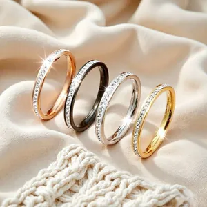 Korean Minimalist Stainless Steel Single Double Row Rhinestone Ring For Women INS Fashion Elegant High End Thin Inlaid Band Finger Ring Jewelry