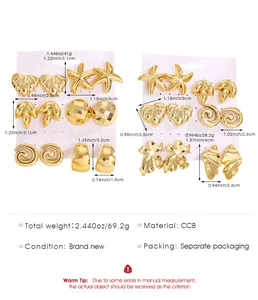 Detailed dimension guide for chunky gold CCB earrings set featuring starfish and leaf designs