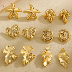 Detailed set of six gold-tone textured earrings featuring starfish shell and leaf motifs