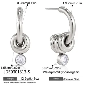 Orecchini a cerchio in acciaio argento con due piccoli anelli e zircone trasparente