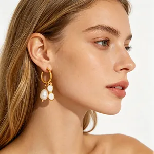 Stainless Steel 18K Gold Plated Hoop Earrings With Artificial Pearl Shell Infinity Pendants French Retro Style Jewelry For Women
