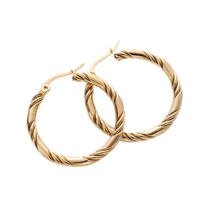 30mm 18K gold plated twisted rope hoop earrings with a spiral texture and pin clasp