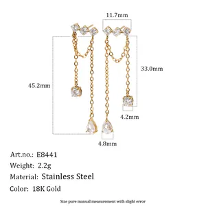 Close-up showing detailed dimensions of 18K gold plated stainless steel tassel earrings.