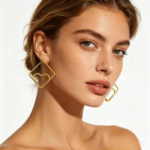 Stainless Steel Heart Geometric Square Statement Earrings 18K Gold Plated Fashion Jewelry For Women