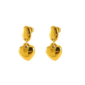 Polished heart-shaped drop earrings in 18K gold-plated titanium steel on white background